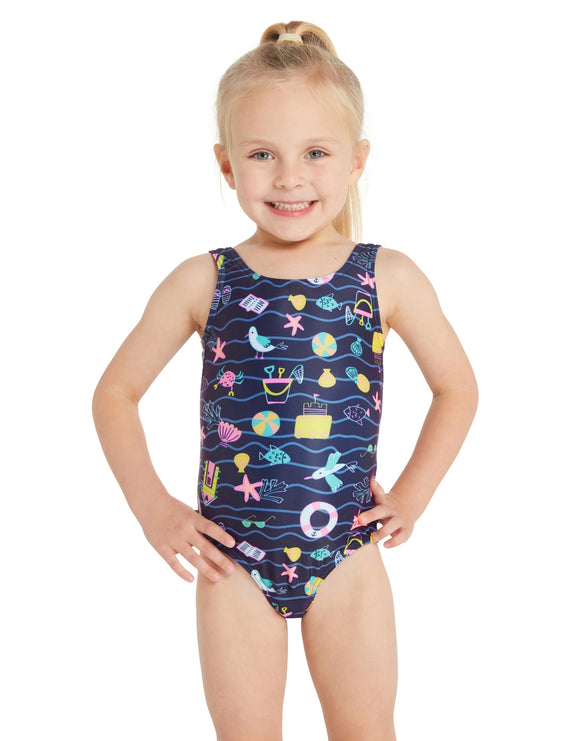 Zoggs - Tots Girls Holly Day Scoopback Swimsuit - Navy/Multi - Model Front