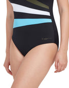 Zoggs - Womens Wrap Panel Classicback Swimsuit - Khaki/White/Light Blue - Model Front Close Up