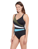 Zoggs - Womens Wrap Panel Classicback Swimsuit - Khaki/White/Light Blue - Model Front/Side