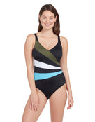 Zoggs - Womens Wrap Panel Classicback Swimsuit - Khaki/White/Light Blue - Model Front with Pose