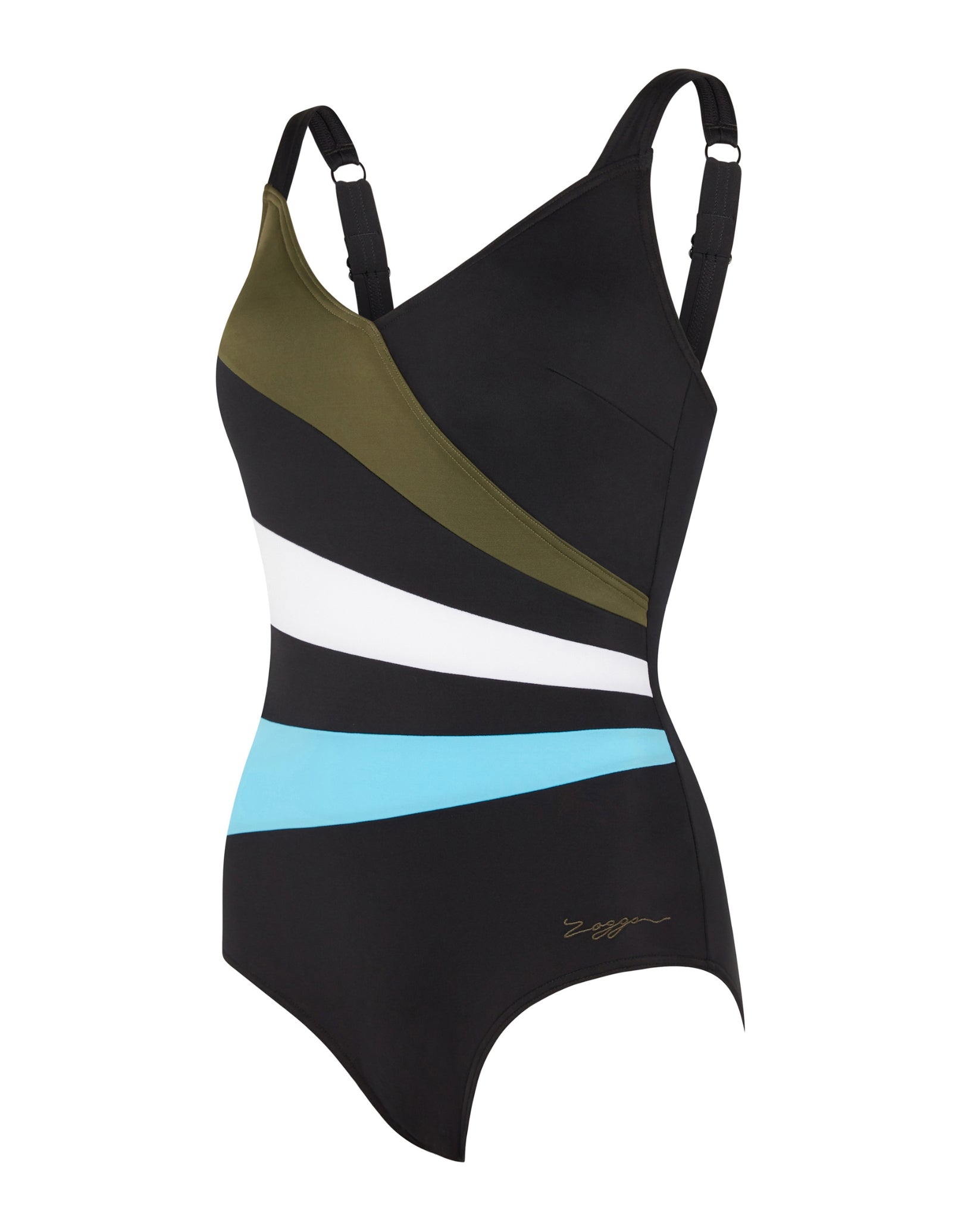 Zoggs Wrap Panel Classicback Swimsuit - Khaki/White/Light Blue | Simply ...