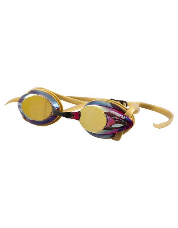 MARU - Pulse Mirror Anti Fog Swim Goggle - Gold/Pink/Blue - Product Front/Side MARU Logo - Gold Mirrored Lenses