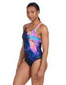 Zoggs Acid Wave Speedback Swimsuit - Black/Pink - Model Side / Swimsuit Side Look / Design