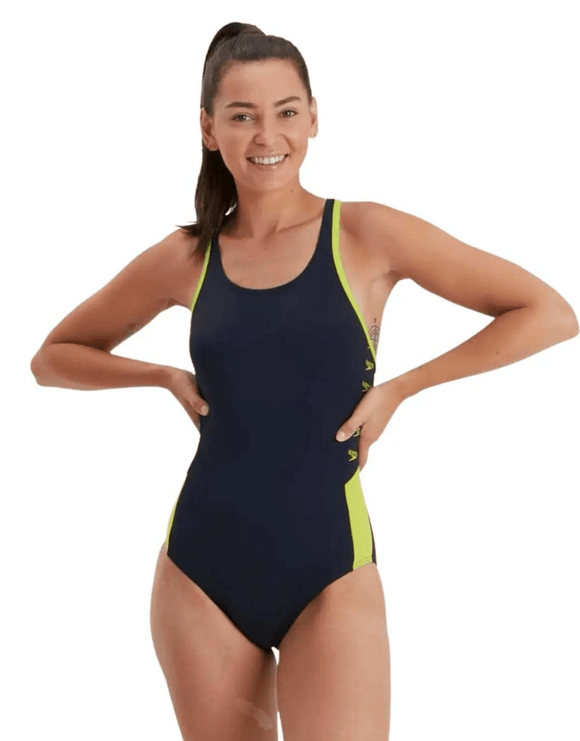 Speedo - Boom Logo Splice Muscleback Swimsuit - Navy/Yellow - Front Model/Product Front Design/Look