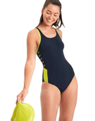 Speedo - Boom Logo Splice Muscleback Swimsuit - Navy/Yellow - Model Front Pose/Swimming Cap NOT Included