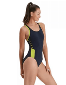 Speedo - Boom Logo Splice Muscleback Swimsuit - Navy/Yellow - Model Pose