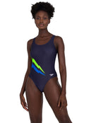 Speedo Womens Core Placement U-Back One Piece Swimsuit - Navy/Blue/Yellow - Front
