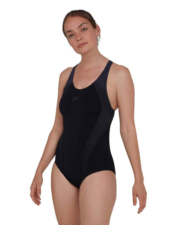 Speedo Womens Dot Panel Laneback Swimsuit - Black - Front
