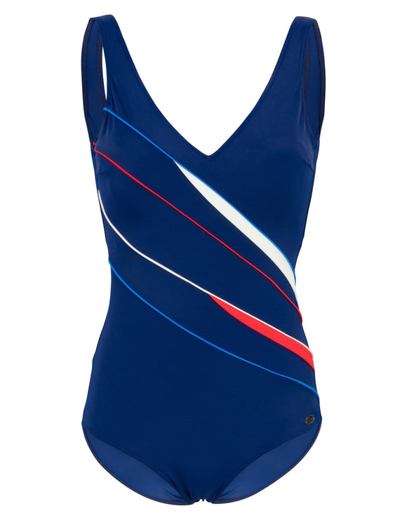 Fashy Panel V-back Swimsuit - Navy/Red/White - product Front
