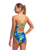 Funkita - Girls Blue Bottle Diamond Back Swimsuit - Model Back / Swimsuit Close 