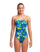 Funkita - Girls Blue Bottle Diamond Back Swimsuit - Model Front / Swimsuit Front Design