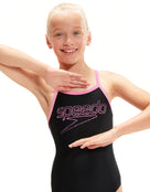 Speedo - Girls Boom Logo Thinstrap Muscleback - Blue/Purple - Front Swimsuit Logo