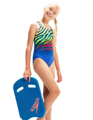 Speedo - Girls Digital Placement Medalist - Blue/Multi - Model Side Pose (Kickboard Not Included)