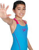 Speedo - Girls Medley Logo Medalist Swimsuit - Blue/Pink - Model Side/Product Side Design
