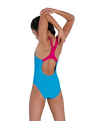 Speedo - Girls Medley Logo Medalist Swimsuit - Blue/Pink - Model Back Pose