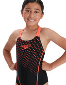 Speedo - Girls Medley Logo Medalist Swimsuit - Black/Siren Red - Model Front Pose