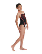 Speedo - Girls Medley Logo Medalist Swimsuit - Black/Siren Red - Model Side/Product Side