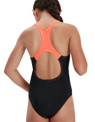 Speedo - Girls Medley Logo Medalist Swimsuit - Black/Siren Red - Model Back/Product Back 
