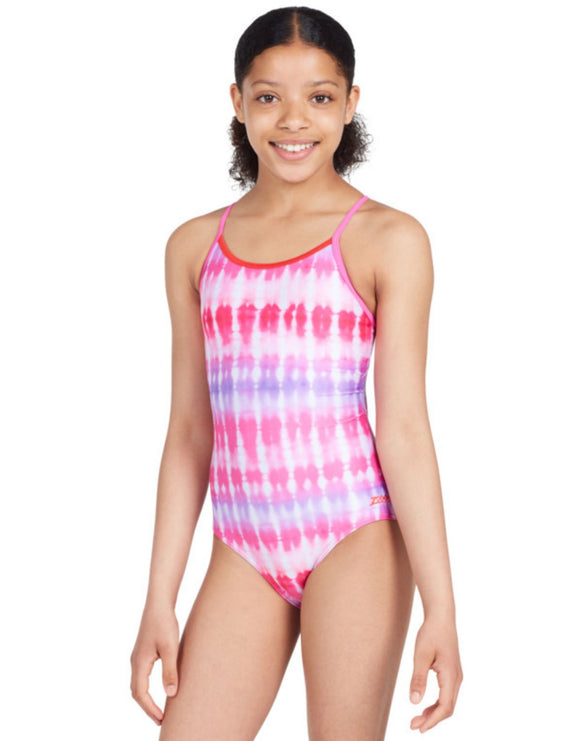 Zoggs Girls Sunset Haze Starback Swimsuit - Pink / White - Model Front / Swimsuit Front Design