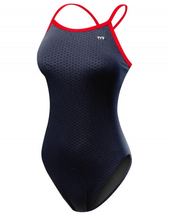 TYR - HEXA Durafast Elite Diamondfit Swimsuit - Navy/Red - Product Front
