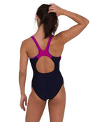 Speedo Womens Logo Splice Muscleback One Piece Swimsuit - Navy/Purple - Back