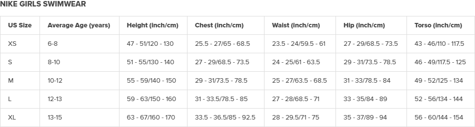 Nike youth sales swimsuit size chart