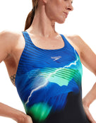 Speedo - Placement Digital Laneback Swimsuit - Swimsuit Front Logo - Black / Blue