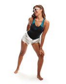Speedo - Placement Laneback Swimuit - Model Front Pose (accessories not included) - Black / Blue