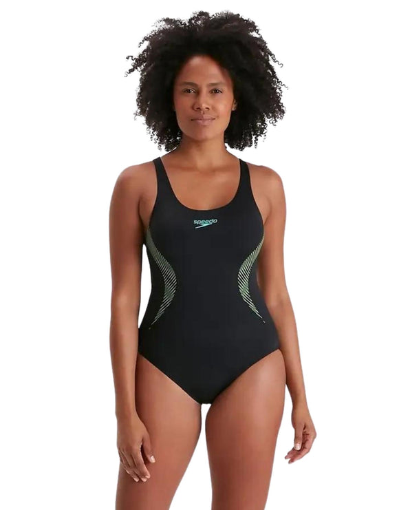 Speedo Womens Placement Muscleback Swimsuit - Front - Black/Blue