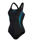 Speedo - Placement Muscleback Swimsuit - Product Front Design - Black / Blue 