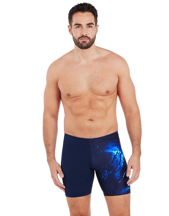 Zoggs Mens Slash Print Mid Swimming Jammer - Front - Navy