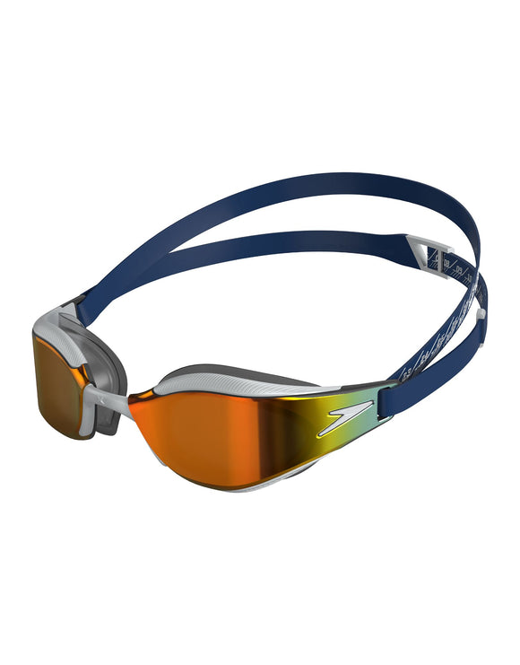 Speedo - Junior Fastskin Hyper Elite Mirror Swim Goggle - Product Side Design - Gold Mirrored Lenses/Navy/White 