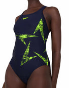 Speedo Womens Boom Placement Racerback Swimsuit - Navy/Red - Front/Side Close Up