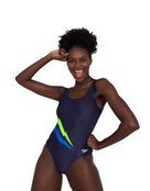 Speedo Womens Core Placement U-Back One Piece Swimsuit - Navy/Blue/Yellow - Front Pose