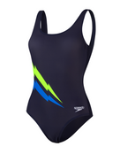 Speedo Womens Core Placement U-Back One Piece Swimsuit - Navy/Blue/Yellow - Product Front