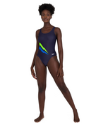 Speedo Womens Core Placement U-Back One Piece Swimsuit - Navy/Blue/Yellow - Front Full Body