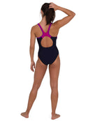 Speedo Womens Logo Splice Muscleback One Piece Swimsuit - Navy/Purple - Back Full Body