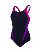 Speedo Womens Logo Splice Muscleback One Piece Swimsuit - Navy/Purple - Product Front