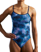 TYR StarHex Durafast Elite Crosscut Tieback Swimsuit - Blue Ice - Close Up Front