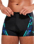 Speedo - Tech Print Aquashort - Aquashort Front Zoom-in Logo - Black / Blue