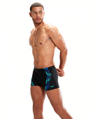 Speedo - Tech Print Aquashort - Aquashort Side - Model Side Pose - Black / Blue