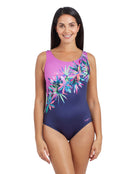 Zoggs - Womens Fanfare Scoopback Swimsuit - Model Front / Swimsuit Front Purple