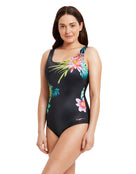 Zoggs - Womens Tropic Scoopback Swimsuit - Front/Side - Model Front 