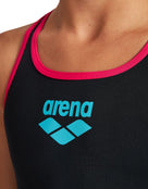 Arena - Girls Big Logo Swim Pro Back Swimsuit - Black/Freak Rose - Zoom-In Logo