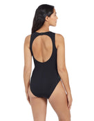 Zoggs - Womens Indigo Forest Hi Front Swimsuit - Model Back