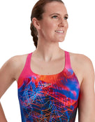 Speedo - Womens Printed Medalist Swimsuit - Black/Pink - Front Logo Speedo