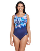Zoggs - Sasaya Scoopback Swimsuit - Royal/Purple - Model Front / Swimsuit Front Design